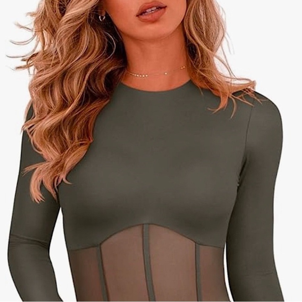 Olive Sheer Panel Long Sleeve Top